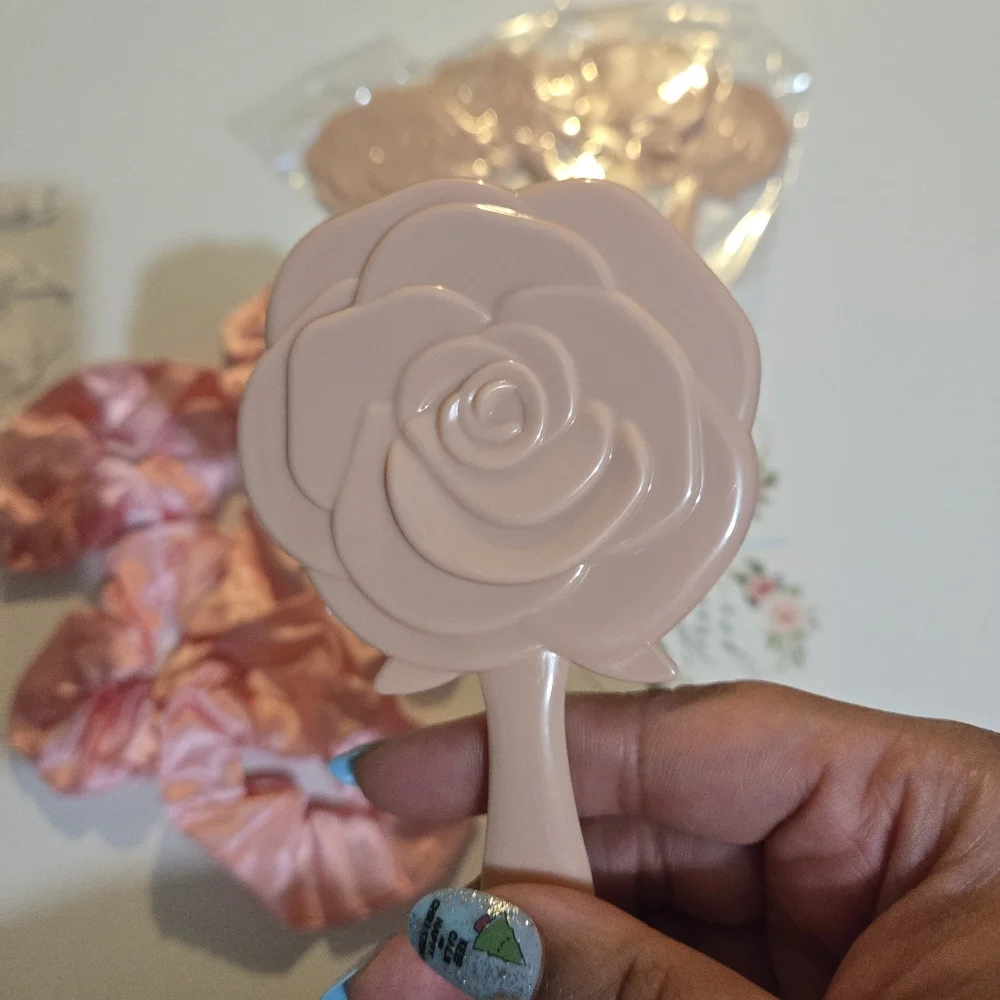 Pink Hair Scrunchies and Rose Hand Mirrors Set Of 5